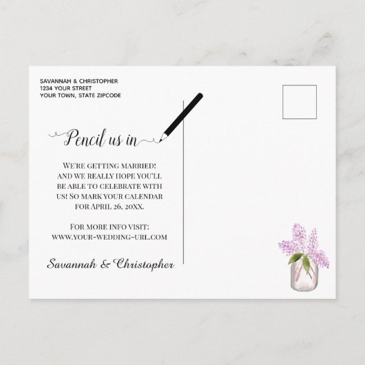 木素朴でライラック写真の結婚式の日付を保存 案内ポストカード (裏面)
