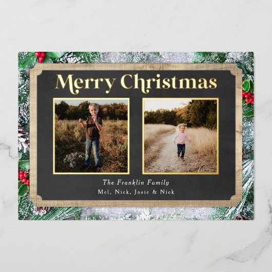 木素朴とエバーグリーンのクリスマスフォト 箔シーズンカード (正面)