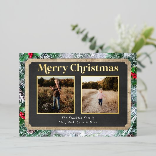 木素朴とエバーグリーンのクリスマスフォト 箔シーズンカード (立ち正面)