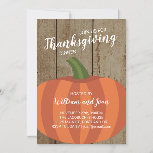 木素朴とカボチャ感謝祭ディナーパーティー 招待状 (正面)