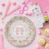 木素朴とピンクの花の紙プレート ペーパープレート (パーティー)