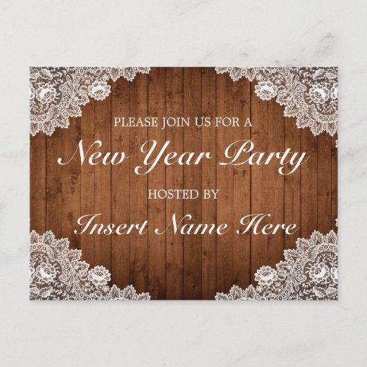 木素朴とレースの新年招待状はがき 案内ポストカード (正面)