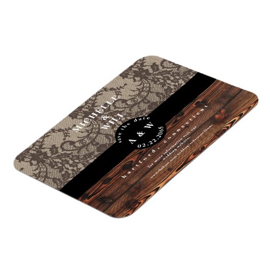 木素朴とレースの結婚式の日付を保存 マグネット (左側)