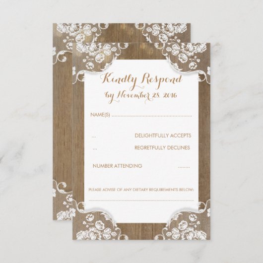 木素朴とレースの結婚式RSVP 出欠カード (正面/裏面)