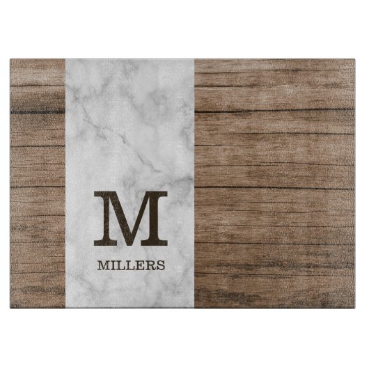 木素朴と大理石のファミリ名モノグラムの カッティングボード (正面)