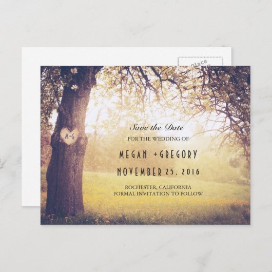 木素朴と彫りハート日付の保存 案内ポストカード (正面/裏面)