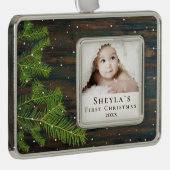 木素朴と松のベビー初めてのクリスマス写真 シルバープレートフレームオーナメント (右)
