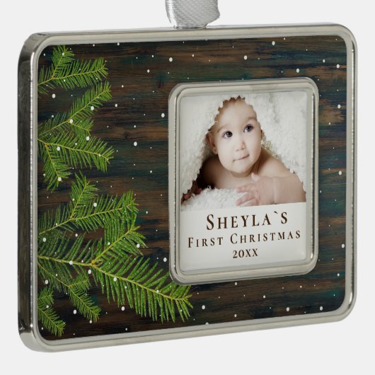 木素朴と松のベビー初めてのクリスマス写真 シルバープレートフレームオーナメント (右)