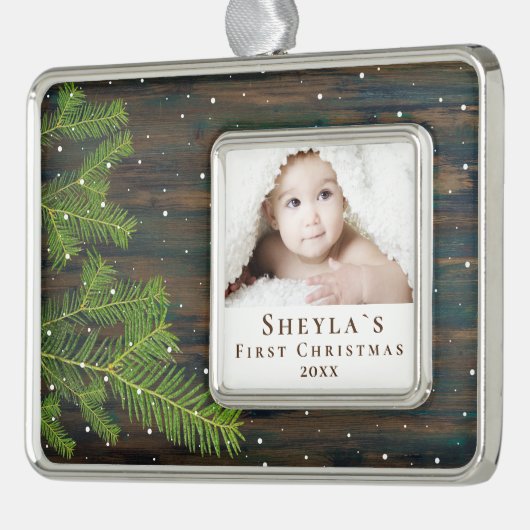 木素朴と松のベビー初めてのクリスマス写真 シルバープレートフレームオーナメント (左)