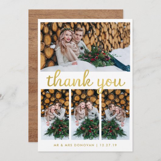 木素朴と金ゴールド結婚の感謝| 4写真 サンキューカード (正面/裏面)