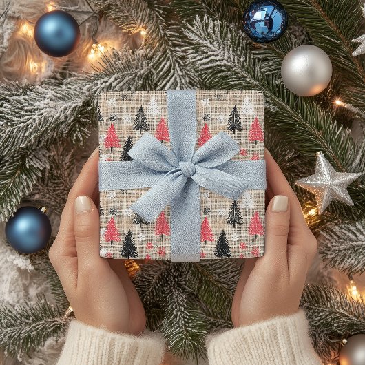 木素朴と雪の結晶を使用したクリスマスクリップアート ラッピングペーパーシート