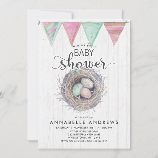 木素朴と鳥の巣ベビーシャワー招待状 招待状 (正面)