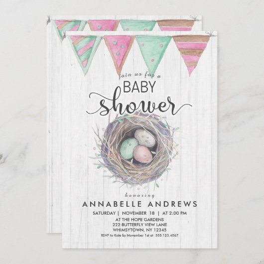 木素朴と鳥の巣ベビーシャワー招待状 招待状 (正面/裏面)
