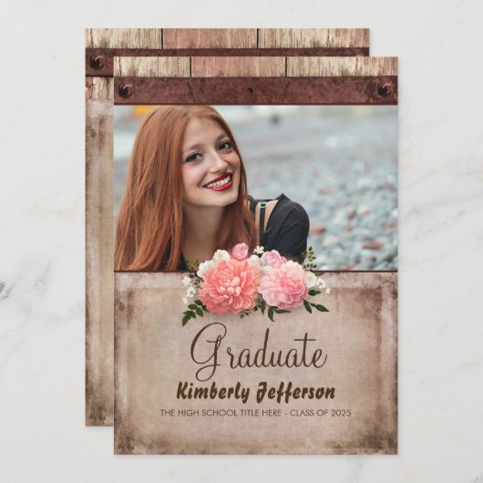 木素朴とBurlapのフローラ写真卒業 招待状 (正面/裏面)