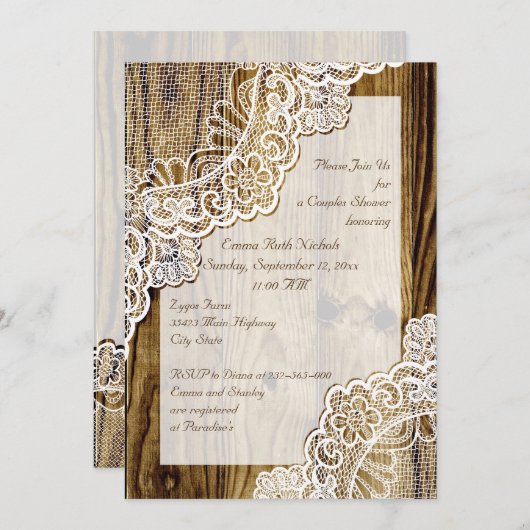 木素朴のカップルがシャワーを浴結婚びる白いレース 招待状 (正面/裏面)