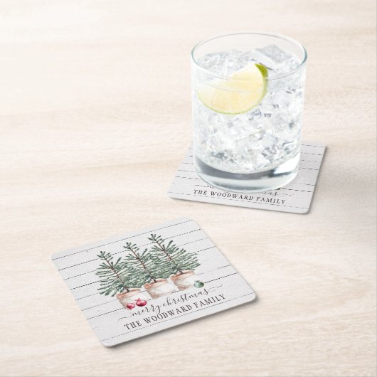 木素朴のクリスマスツリーファミリー名 スクエアペーパーコースター (インサイチュ)