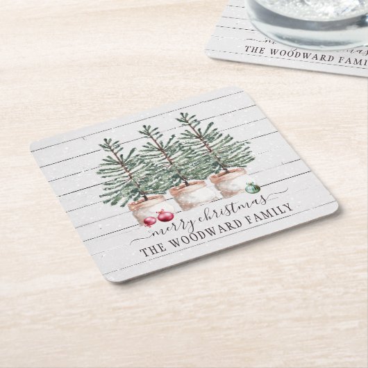 木素朴のクリスマスツリーファミリー名 スクエアペーパーコースター (アングル)