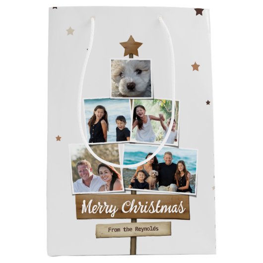 木素朴のクリスマスツリー | 5枚の写真コラージュ ミディアムペーパーバッグ (正面)