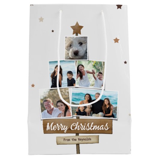 木素朴のクリスマスツリー | 5枚の写真コラージュ ミディアムペーパーバッグ (裏面)