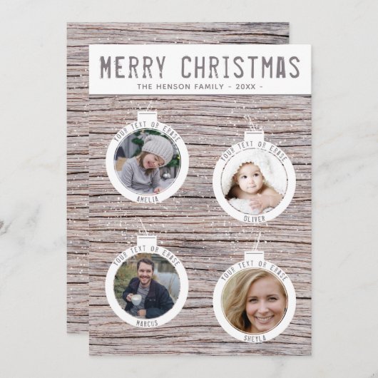 木素朴のクリスマスボール家族の写真コラージュ シーズンカード (正面/裏面)