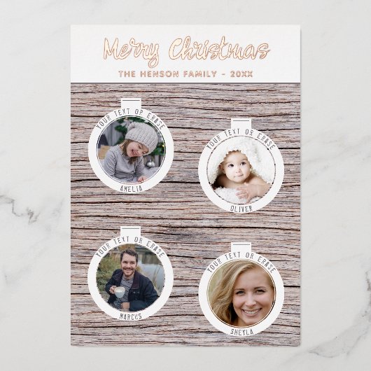 木素朴のクリスマスボール家族の写真コラージュ 箔シーズンカード (正面)