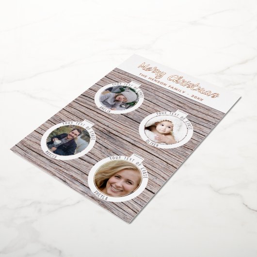 木素朴のクリスマスボール家族の写真コラージュ 箔シーズンカード (回転した状態)