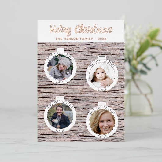 木素朴のクリスマスボール家族の写真コラージュ 箔シーズンカード (立ち正面)