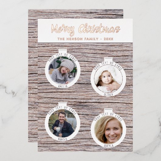 木素朴のクリスマスボール家族の写真コラージュ 箔シーズンカード (正面/裏面)