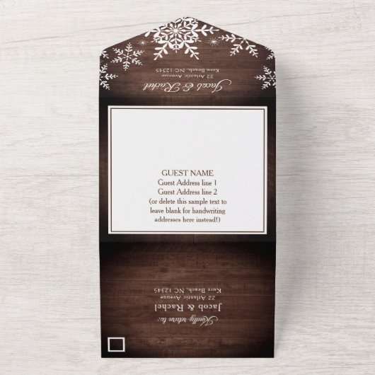 木素朴のクリスマス冬の結婚式の雪片 オールインワン招待状 (外側)