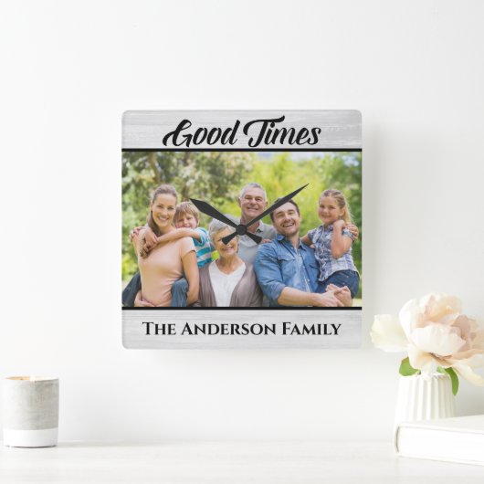 木素朴のグッドタイムズファミリーフォト スクエア壁時計 (ホーム)