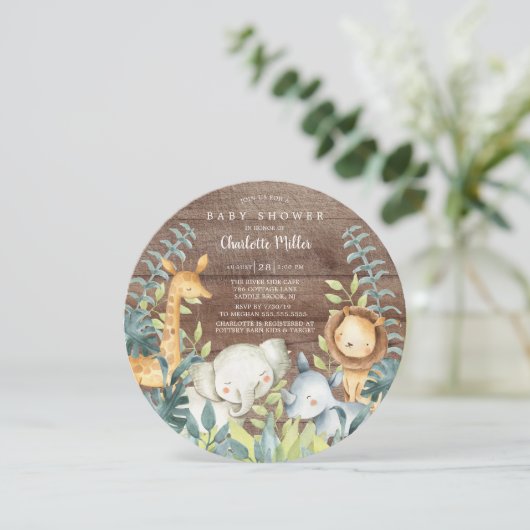 木素朴のジャングル動物の赤ちゃんシャワー 招待状 (スタンド正面)