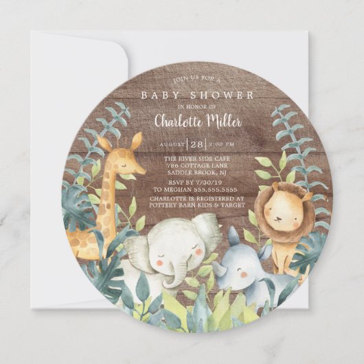 木素朴のジャングル動物の赤ちゃんシャワー 招待状 (正面)