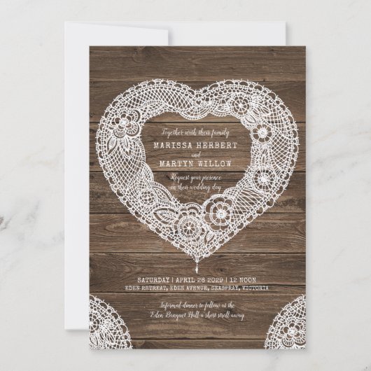 木素朴のハートにレース結婚式招待状 招待状 (正面)