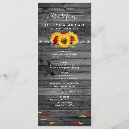 木素朴のヒマワリと赤いバラ結婚の メニュー (正面)