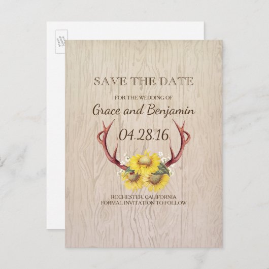 木素朴のヒマワリと〔雄ジカの〕枝角の保存日付 案内ポストカード (正面/裏面)