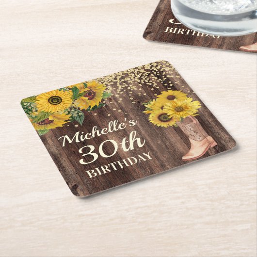 木素朴のヒマワリのカウボーイブーツ30th誕生日 スクエアペーパーコースター (アングル)