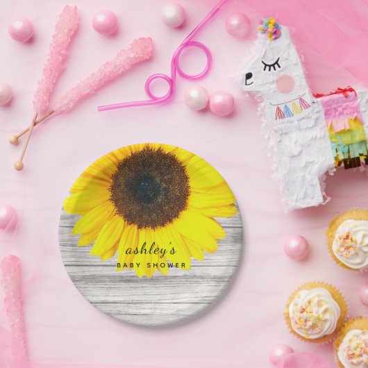 木素朴のヒマワリの赤ちゃんシャワーパーソナライズされた ペーパープレート (パーティー)