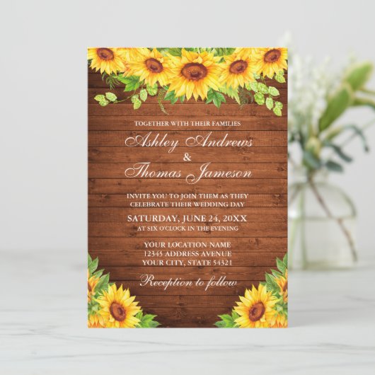 木素朴のヒマワリフローラ緑の写真 招待状 (スタンド正面)