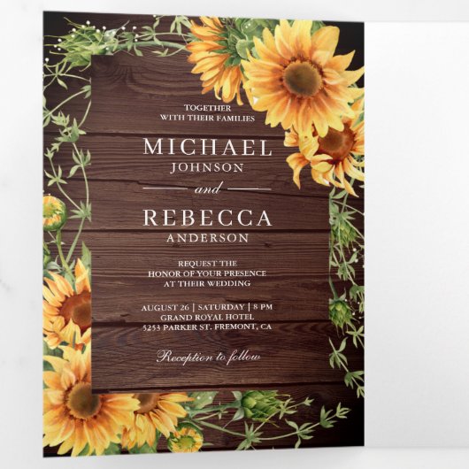 木素朴のヒマワリ写真アーチQRコード結婚s 三つ折り招待状 (内部最初)