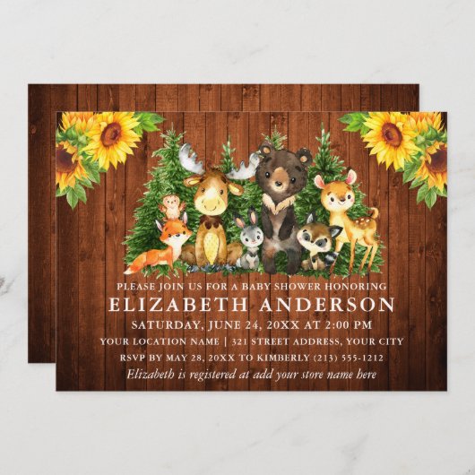 木素朴のヒマワリ森林動物シャワー 招待状 (正面/裏面)