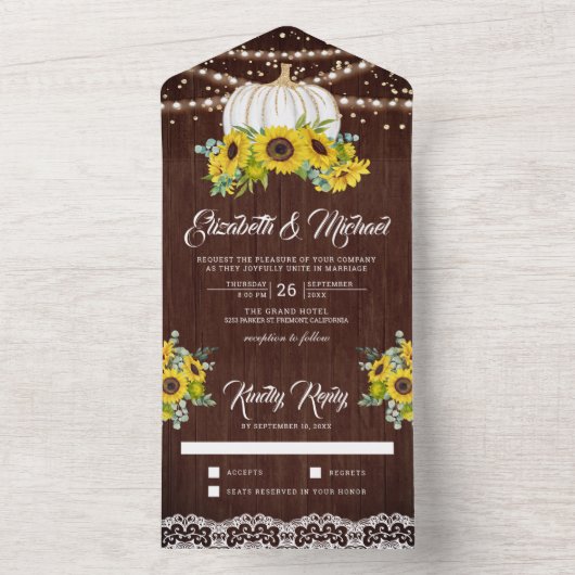 木素朴のヒマワリ白かぼちゃ結婚の オールインワン招待状 (内側)