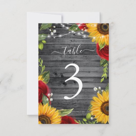 木素朴のヒマワリ結婚レッドローズのテーブルカード 招待状 (正面)