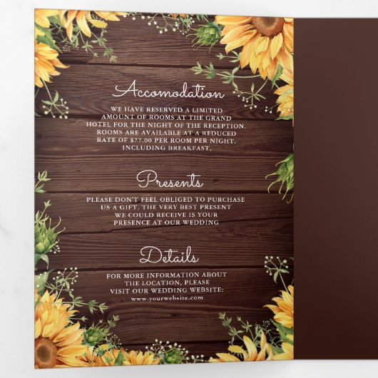 木素朴のヒマワリMason Jar QRコード結婚ズ 三つ折り招待状 (内部最初)