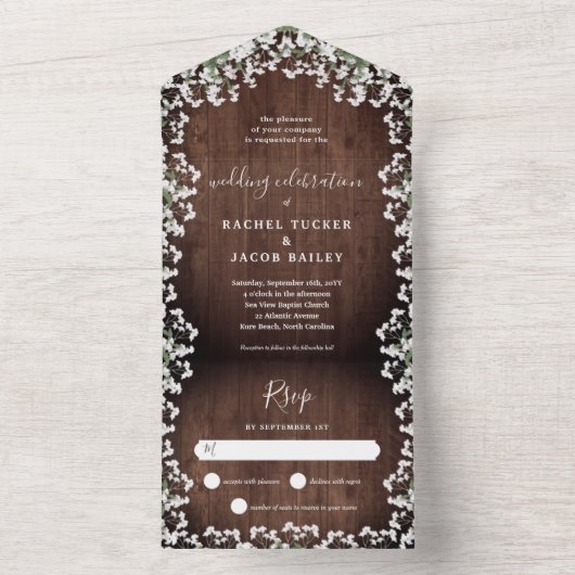 木素朴のフローラの赤ん坊の息結婚声 オールインワン招待状 (内側)