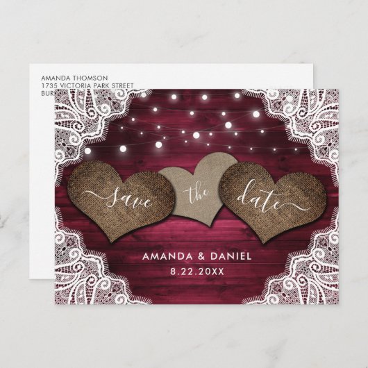 木素朴のブルゴーニュの結婚式の日付を保存 案内ポストカード (正面/裏面)