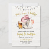 木素朴のブーツ、ブリュウ、泡立つカップルのシャワー 招待状 (正面)