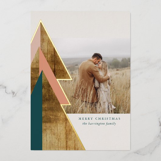 木素朴のミニマルクリスマスツリー写真 箔シーズンカード (正面)