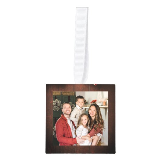 木素朴のモノグラムのクリスマス家族3写真 キューブオーナメント (正面)