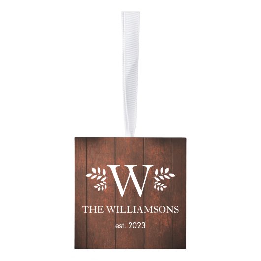 木素朴のモノグラムのクリスマス家族3写真 キューブオーナメント (右)