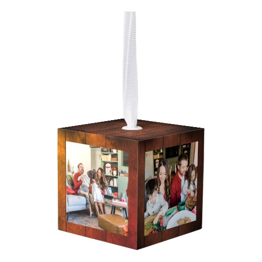 木素朴のモノグラムのクリスマス家族3写真 キューブオーナメント (裏面アングル)